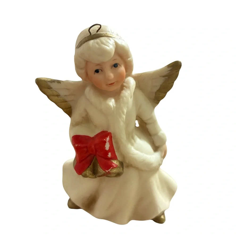 Vintage HOMCO Porcelain Angel Trio Christmas Ornaments 1960’s Ivory & Gold
